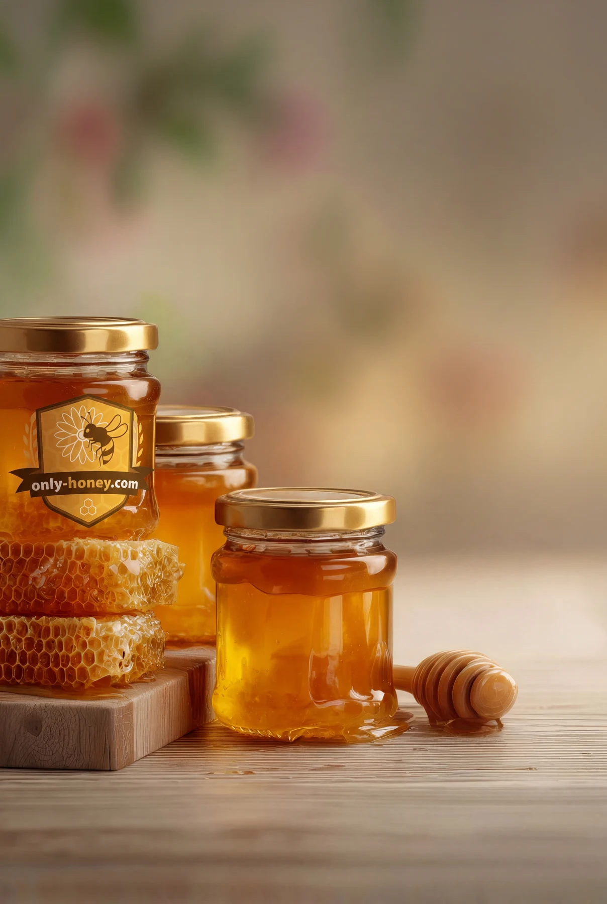 Only Honey honingpotten en honingraat in warm zonlicht
