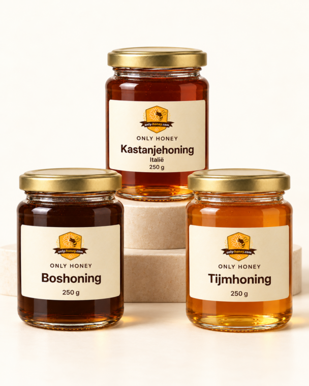 Honing met karakter: Boshoning / 250 g; Tijmhoning / 250 g; Kastanjehoning / Italië / 250 g