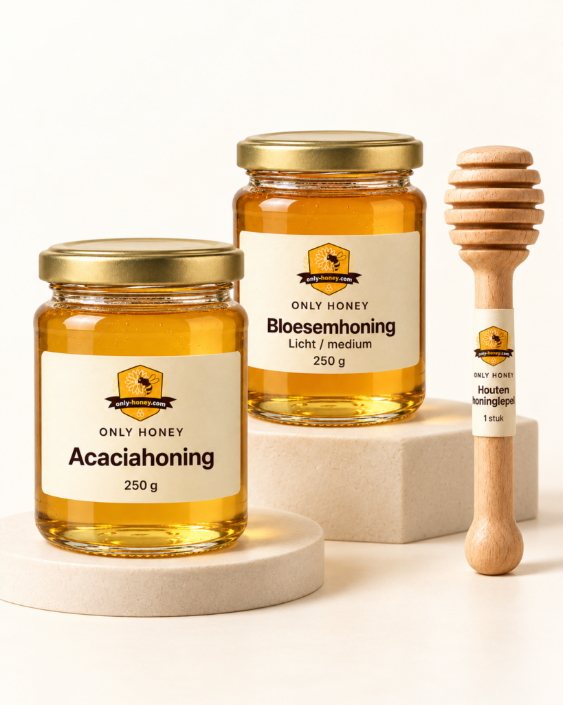 Honingcadeau met honingdraaier: Acaciahoning / 250 g; Bloesemhoning / Licht / medium / 250 g; Houten honinglepel / 1 stuk