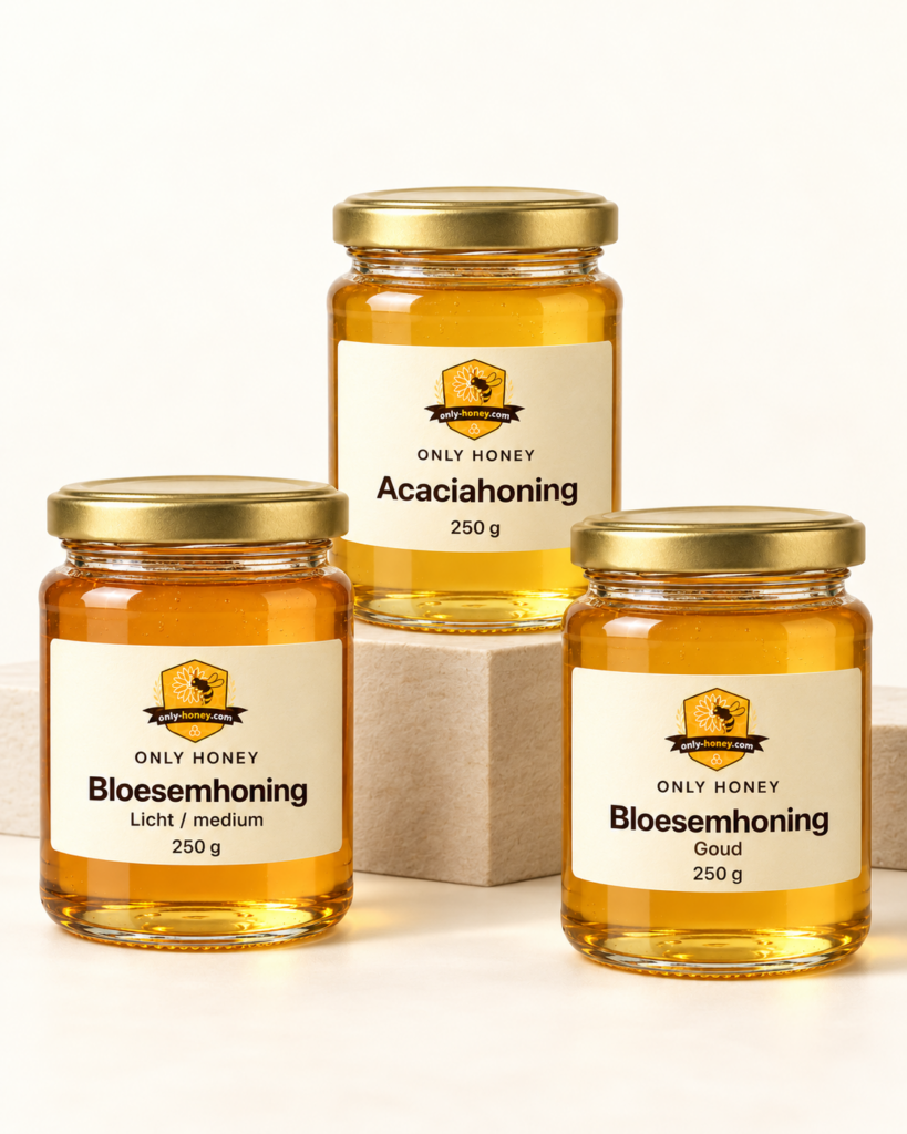 Zachte honingselectie: Bloesemhoning / Licht / medium / 250 g; Acaciahoning / 250 g; Bloesemhoning / Goud / 250 g